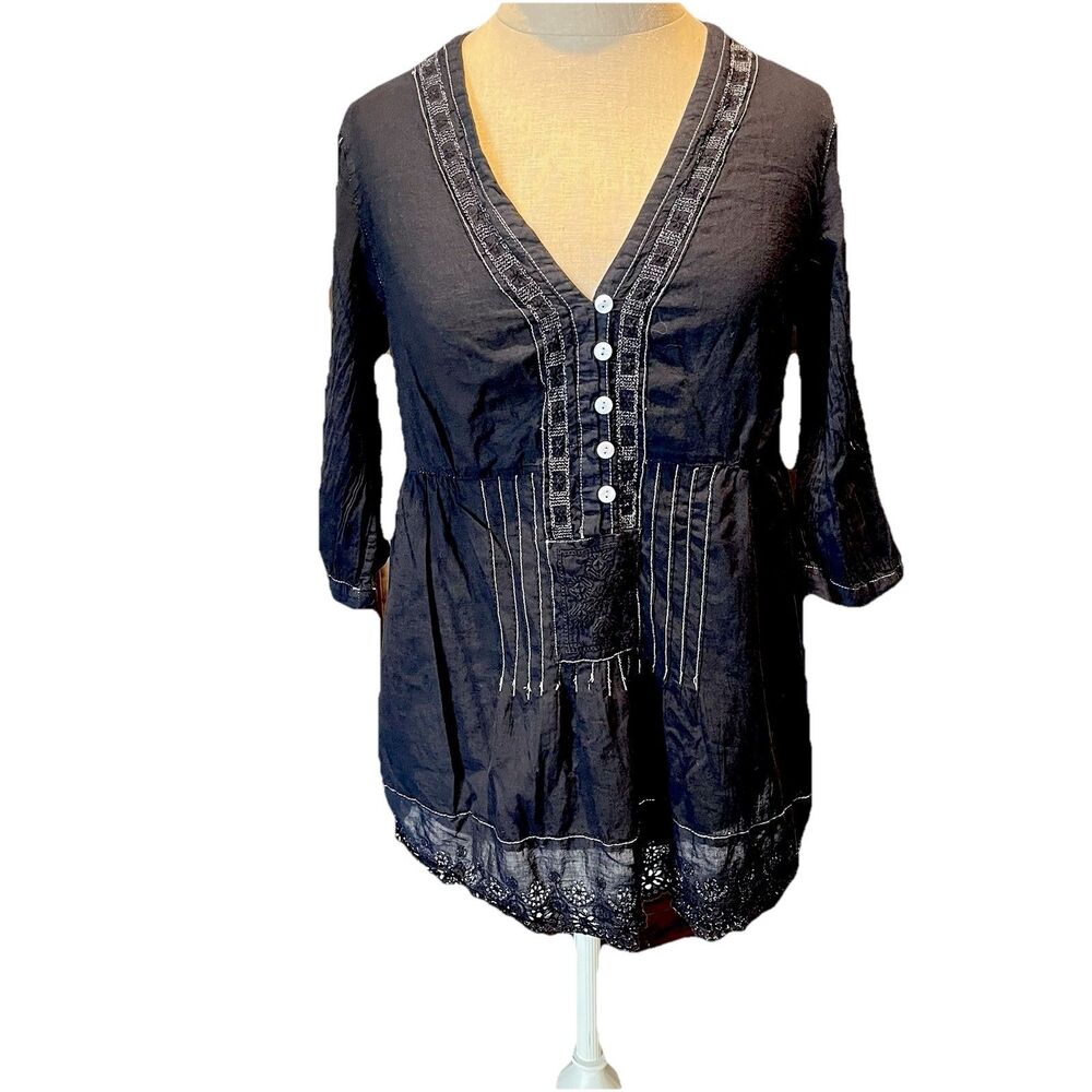 Johnny Was Blouse Womens Small Black Embroidered Floral Shirt Top Boho